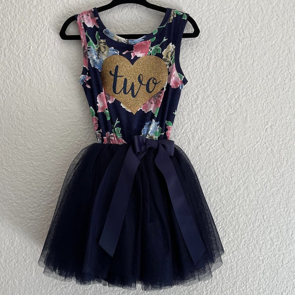 Two Year Old Birthday Dress. NWOT. Blue w/ Floral & Gold Sparkle Heart.